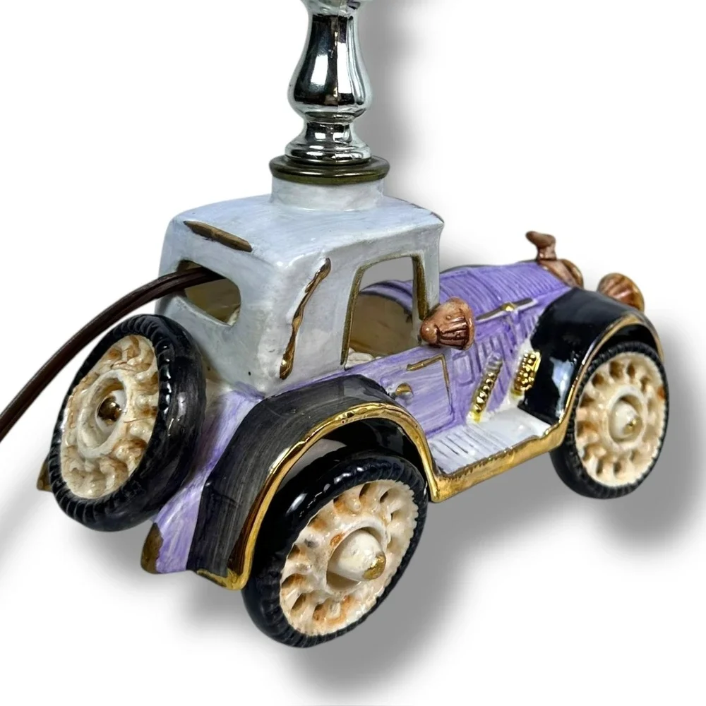 Vintage Ceramic Hand Painted Purple Antique Car Buggy Lamp 